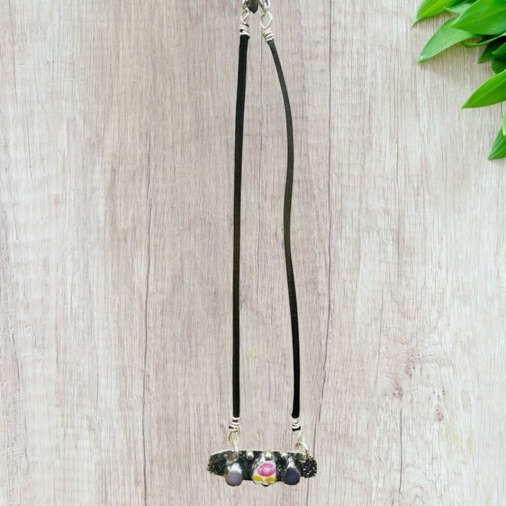 Artisan Boho Broken China & Glass Mixed Media Necklace With Silver Blend Pendant - Picture 9 of 14